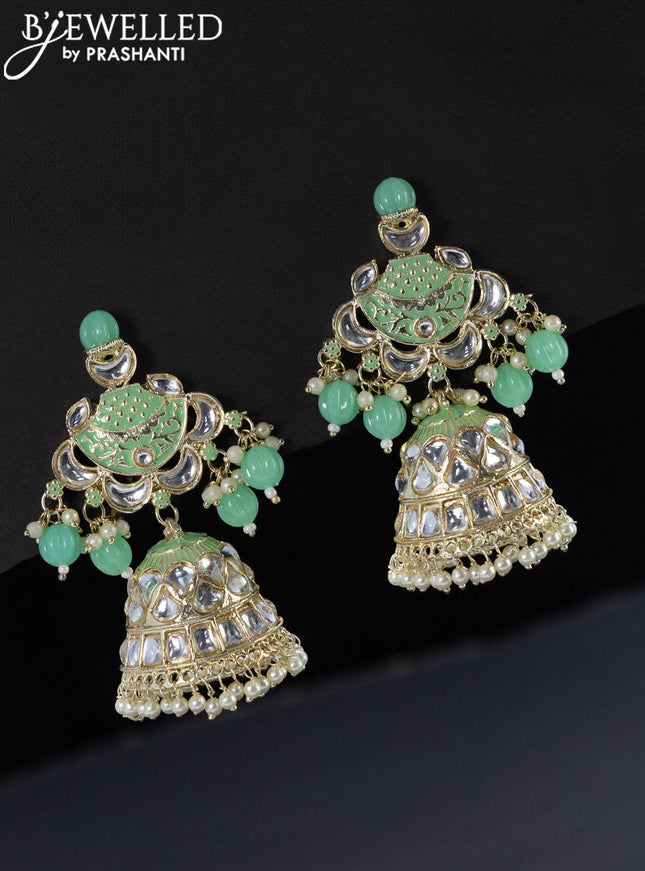 Fashion dangler light green jhumka with kundan stones pearls & beads hangings