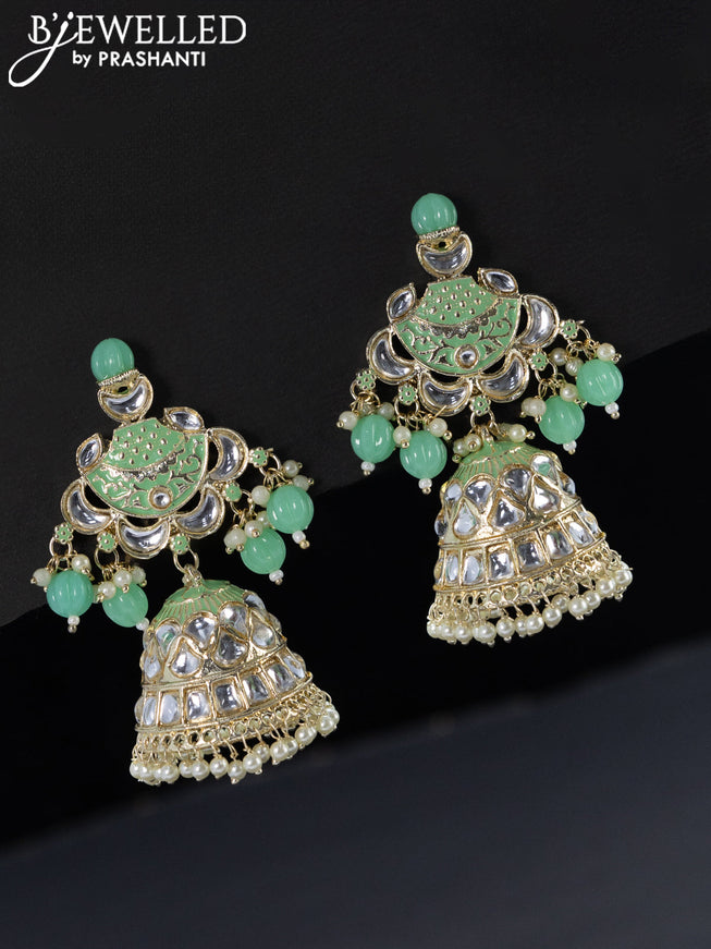 Fashion dangler light green jhumka with kundan stones pearls & beads hangings