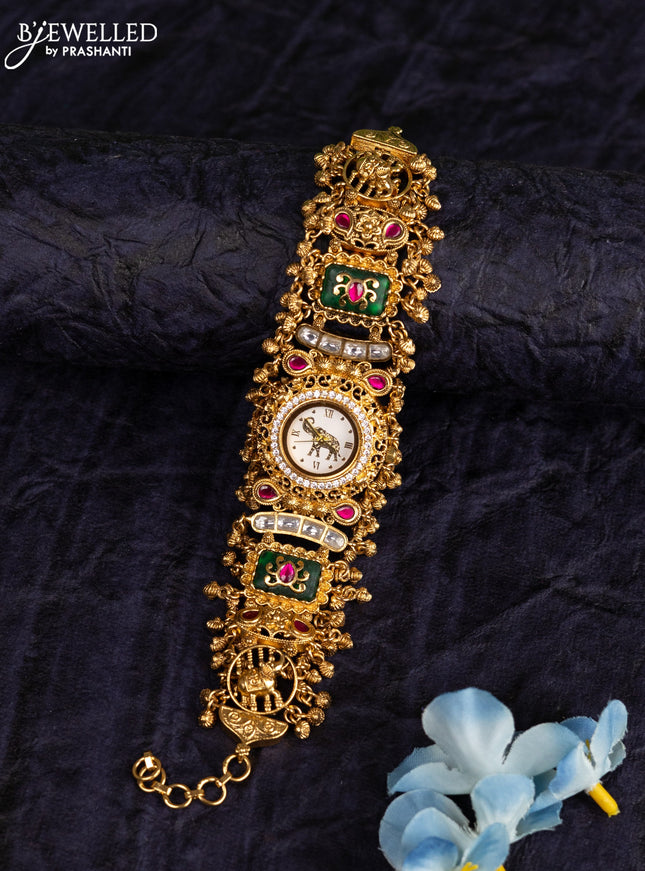 Antique watches elephant design with pink jadau kundan cz stones and golden beads hangings