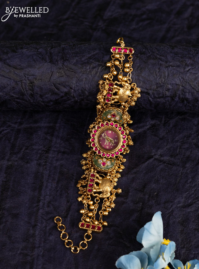 Antique watches elephant design with mint green & pink jadau kundan cz stones and golden beads hangings