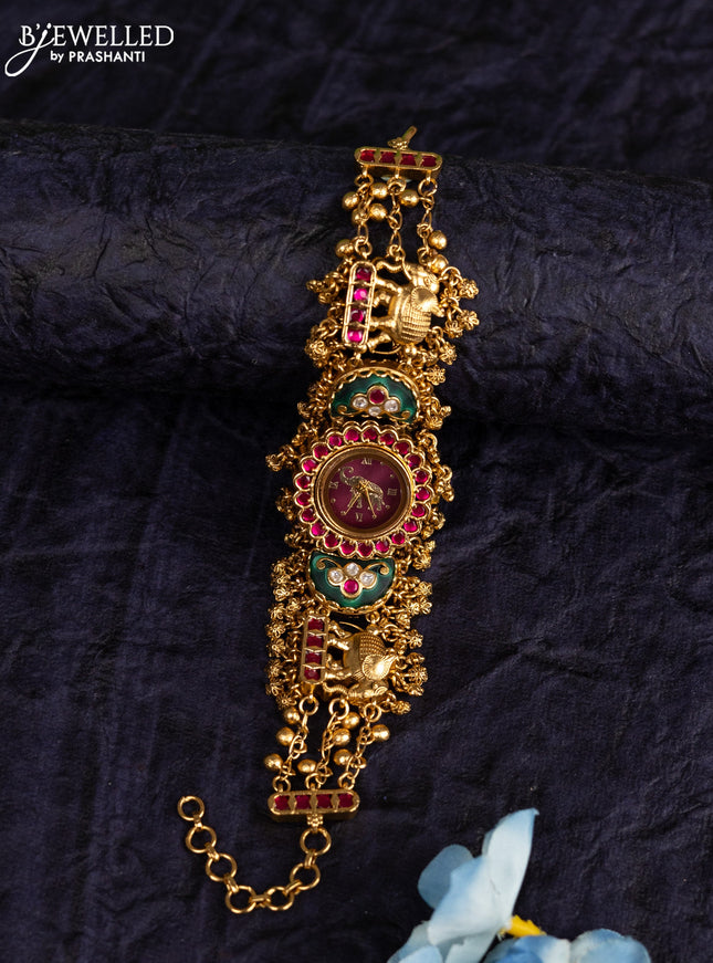 Antique watches elephant design with emerald & pink jadau kundan cz stones and golden beads hangings