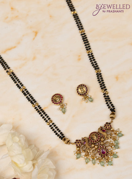 Mangalsutra double layer lakshmi design with ruby stones and pearl & beads hangings