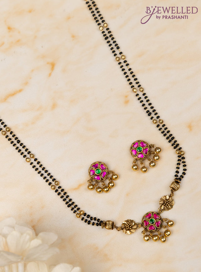 Mangalsutra double layer floral design with kemp stones and golden beads hangings