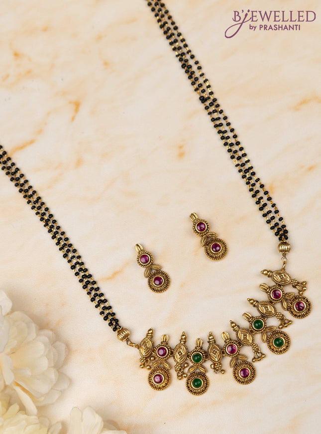 Mangalsutra double layer lakshmi pendant with ruby stones and pearl & beads hangings
