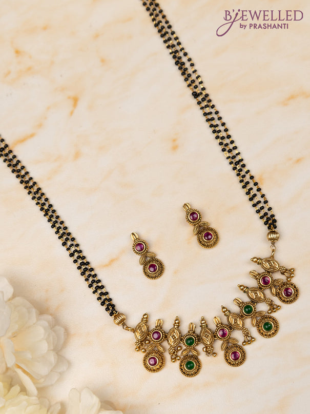 Mangalsutra double layer lakshmi pendant with ruby stones and pearl & beads hangings