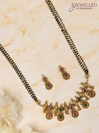 Mangalsutra double layer lakshmi pendant with ruby stones and pearl & beads hangings
