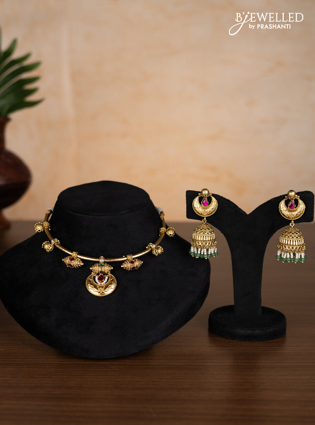 Antique ring type choker with pink jadau kundan stones
