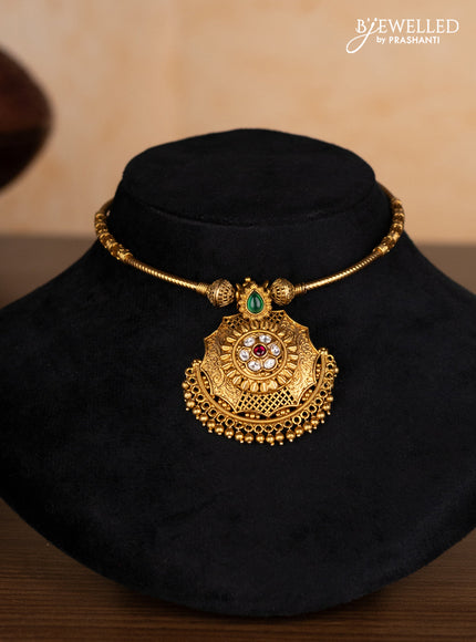 Antique ring type choker with kemp & kundan stones and golden beads hangings