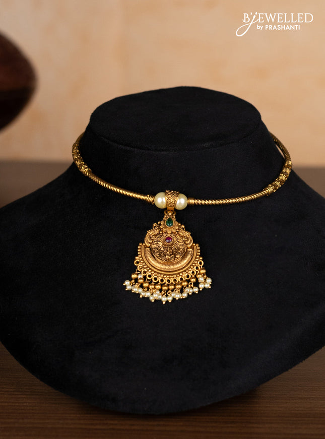 Antique ring type choker with kemp & kundan stones and pearl hangings