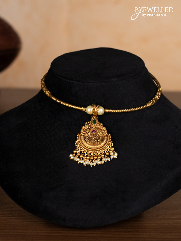 Antique ring type choker with kemp & kundan stones and pearl hangings