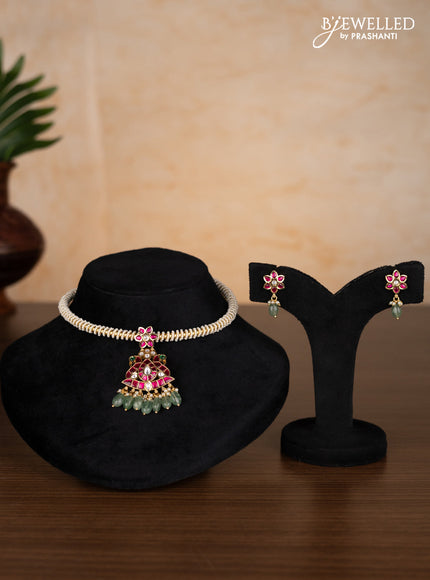 Antique ring type choker peacock design with kemp jadau kundan stones and pearl & mint green beads hangings