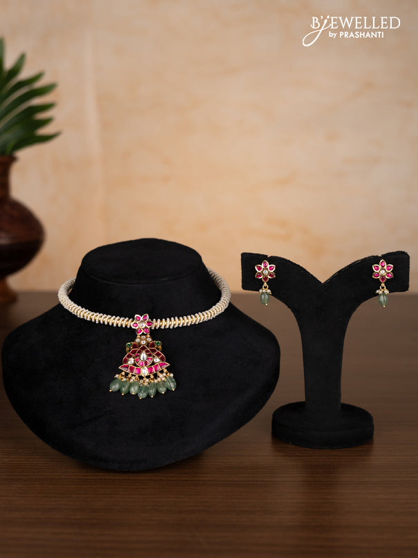 Antique ring type choker peacock design with kemp jadau kundan stones and pearl & mint green beads hangings