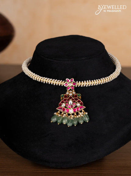 Antique ring type choker peacock design with kemp jadau kundan stones and pearl & mint green beads hangings