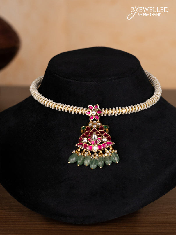 Antique ring type choker peacock design with kemp jadau kundan stones and pearl & mint green beads hangings