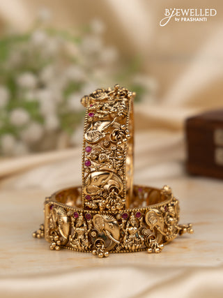Antique screw type bangles lakshmi & elephant design with ruby stones and golden beads hangings