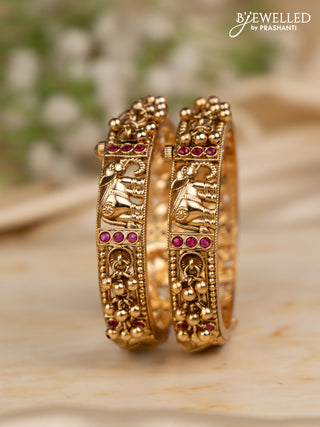 Antique screw type bangles elephant design with ruby stones and golden beads hangings