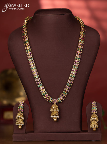 Antique haaram with multicolor kemp stones and jhumka pendant
