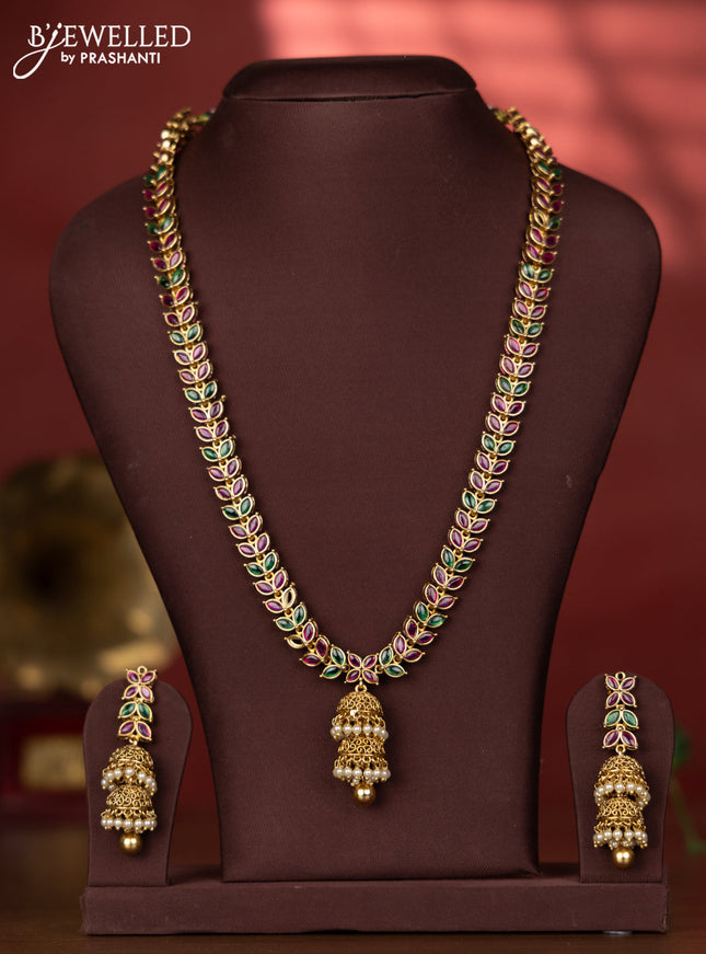 Antique haaram with multicolor kemp stones and jhumka pendant