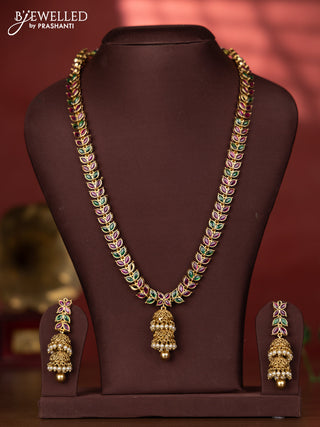 Antique haaram with multicolor kemp stones and jhumka pendant