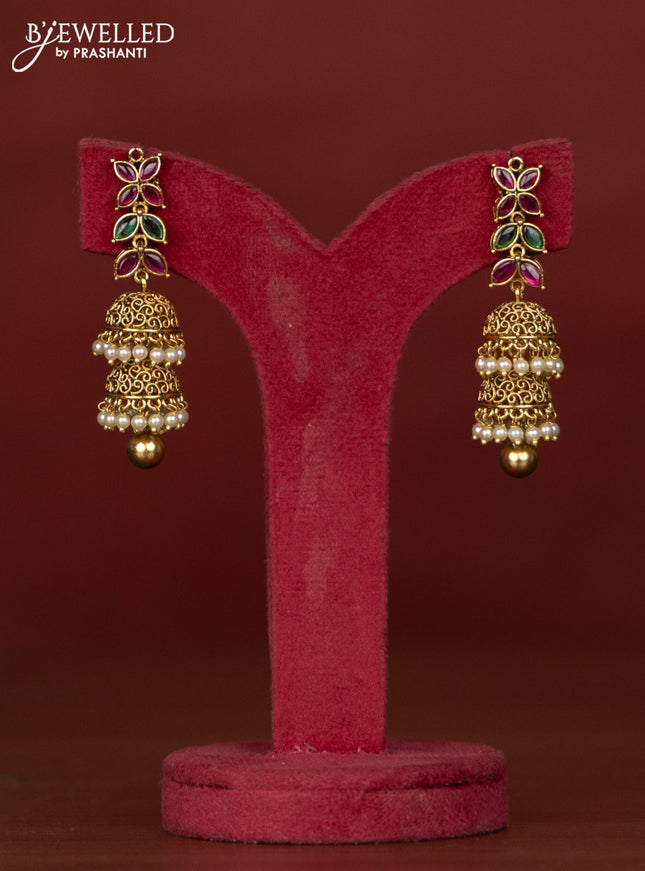 Antique haaram with multicolor kemp stones and jhumka pendant