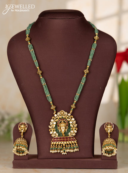 Beaded multilayer green haaram with antique ganesha pendant