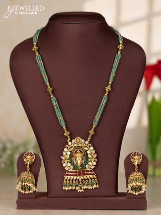 Beaded multilayer green haaram with antique ganesha pendant