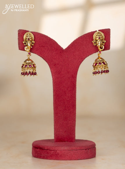 Beaded red multilayer haaram with ganesha pendant in kemp stones and golden ball hanging