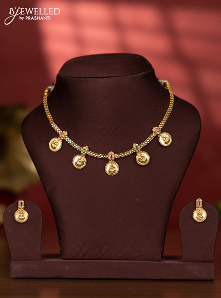 Antique necklace lakshmi kaasu design with multicolor kemp stones