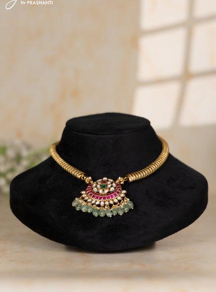 Ring type choker with floral pendant in jadau kundan stones and mint green beads hanging