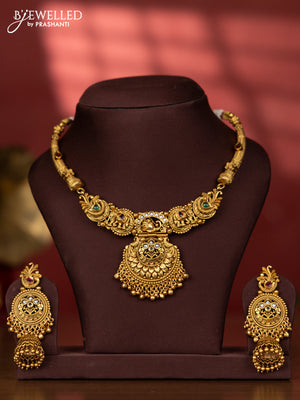 Ring type choker with floral pendant in multicolor kemp stones and mint golden beads hanging