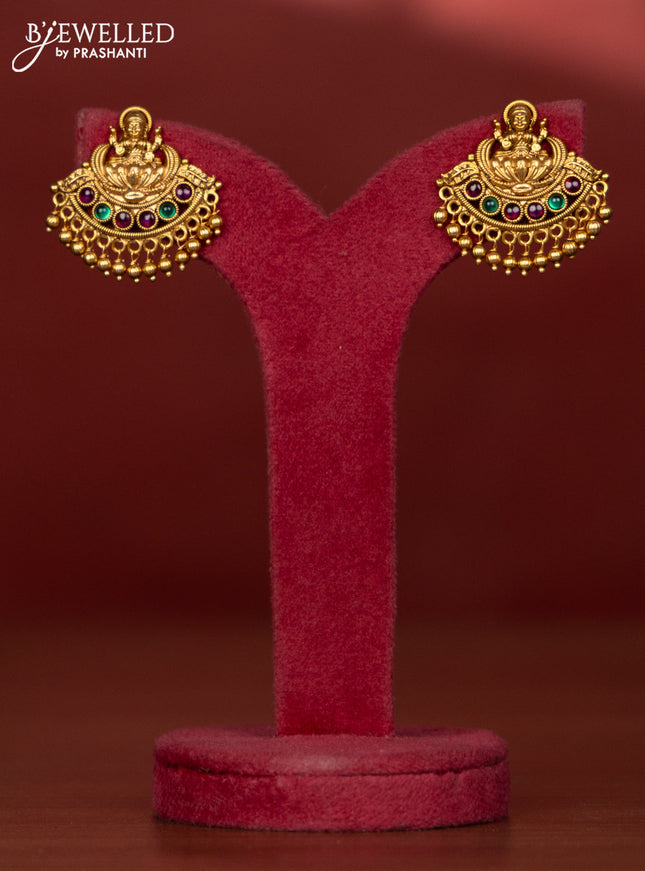 Ring type choker with lakshmi pendant in multicolor kemp stones and golden beads hanging