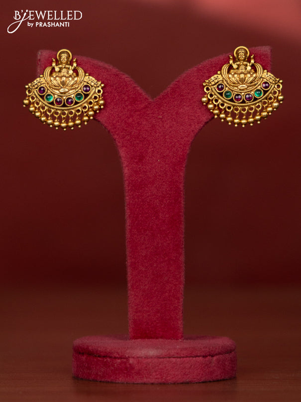 Ring type choker with lakshmi pendant in multicolor kemp stones and golden beads hanging