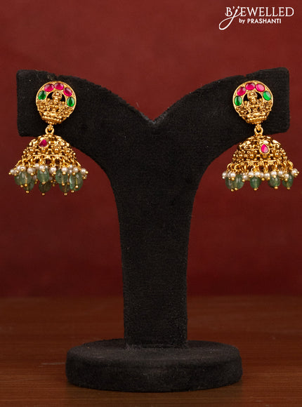 Antique beaded green necklace lakshmi pendant with pink kemp stones and pearl & green beads hanging