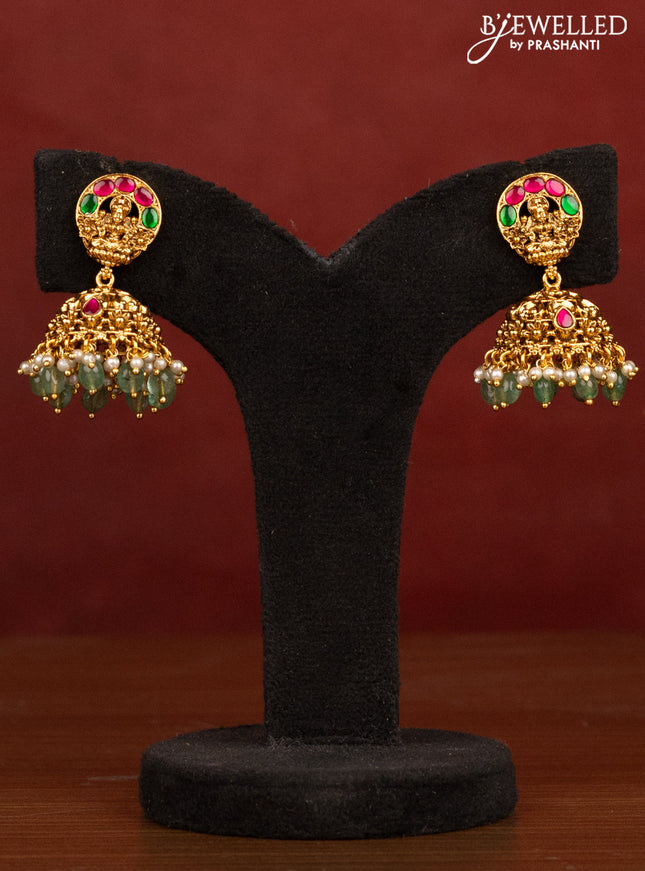 Antique beaded green necklace lakshmi pendant with pink kemp stones and pearl & green beads hanging