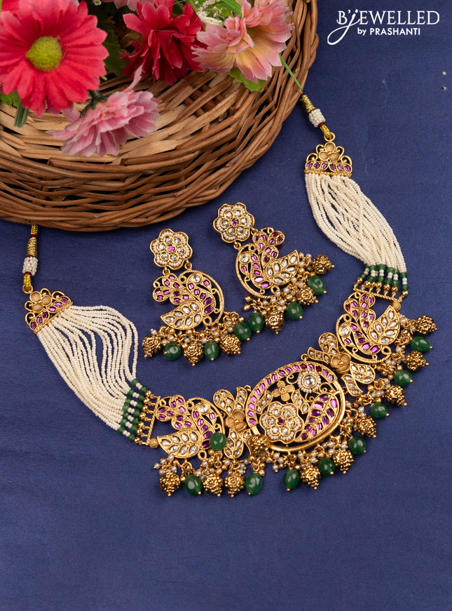 Antique pearl choker manga pattern with pink kemp & kundan stones and beads hanging