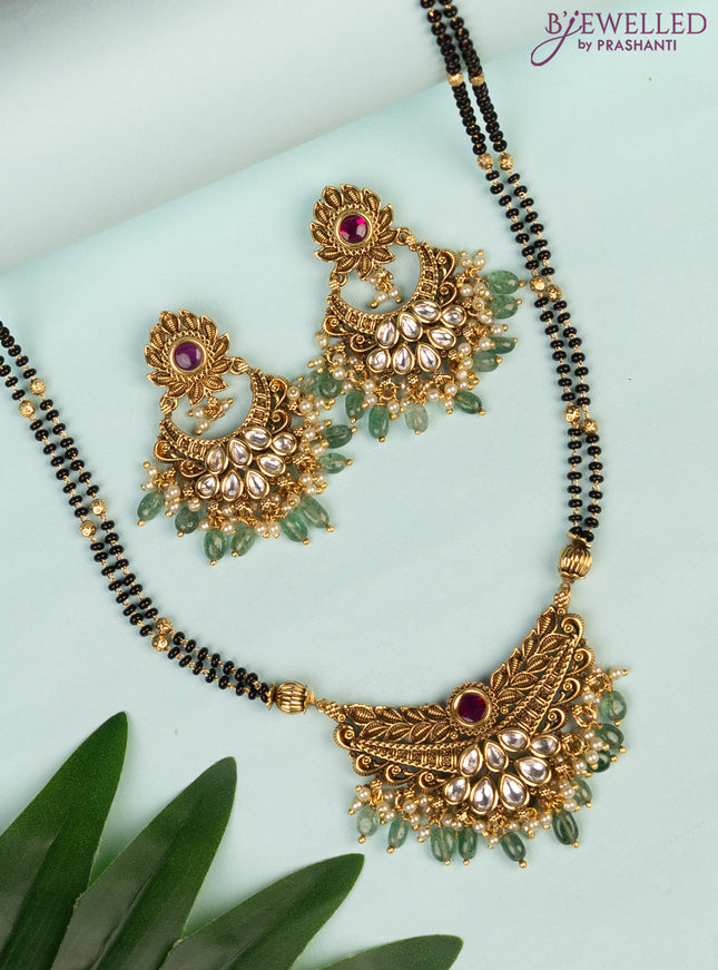 Mangalsutra double layer with pink kemp & kundan stones and pearl & beads hanging