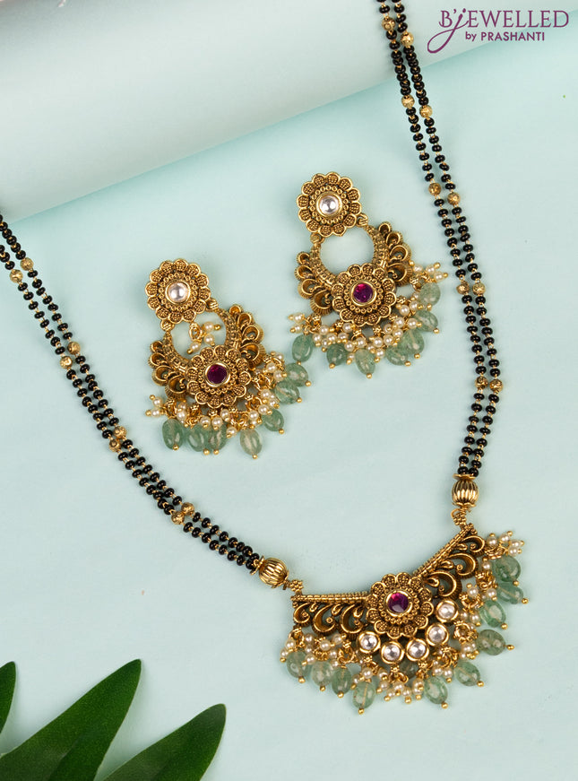 Mangalsutra double layer with pink kemp & kundan stones and pearl & beads hanging