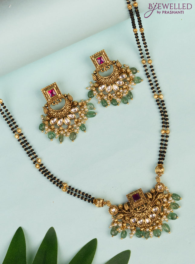 Mangalsutra double layer with pink kemp & kundan stones and pearl & beads hanging