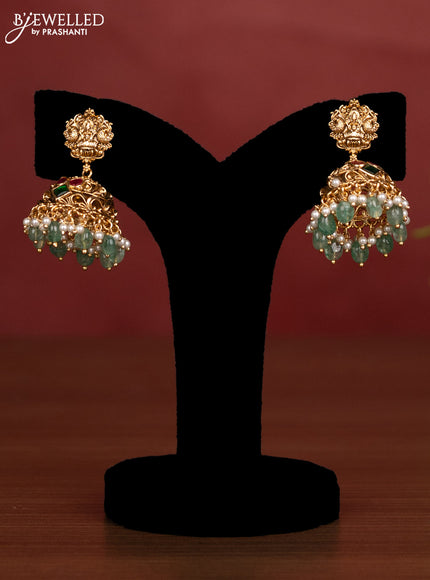 Jadau beaded haaram lakshmi pendant with jadau kemp stones and pearl & green beads hanging