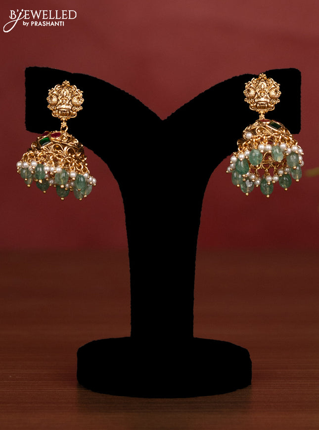 Jadau beaded haaram lakshmi pendant with jadau kemp stones and pearl & green beads hanging