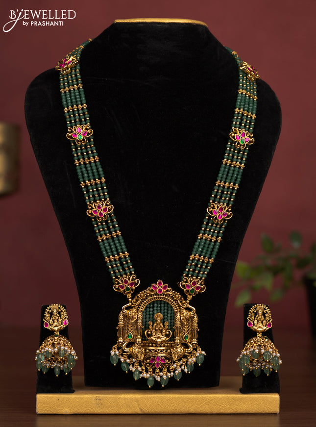 Jadau beaded haaram lakshmi pendant with jadau kemp stones and pearl & green beads hanging