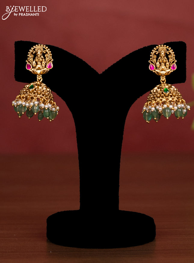Jadau beaded haaram lakshmi pendant with jadau kemp stones and pearl & green beads hanging