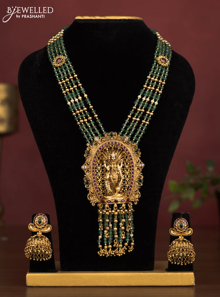 Antique beaded haaram vishnu pendant with kemp & kundan stones and golden beads hanging