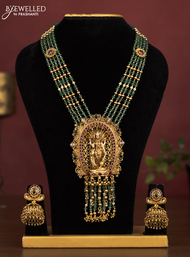 Antique beaded haaram vishnu pendant with kemp & kundan stones and golden beads hanging
