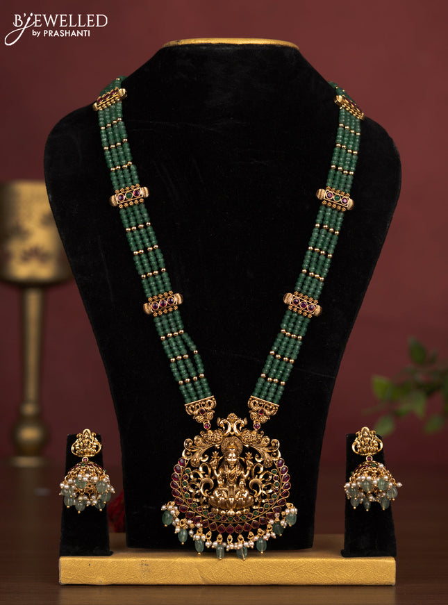 Antique beaded haaram lakshmi pendant with kemp stones and pearl & green beads hanging