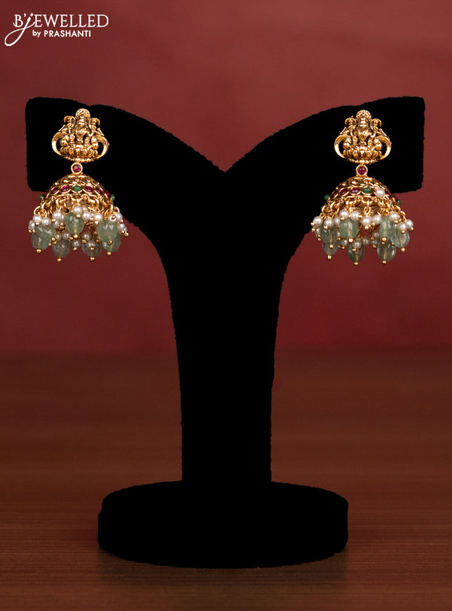 Antique beaded haaram lakshmi pendant with kemp stones and pearl & green beads hanging