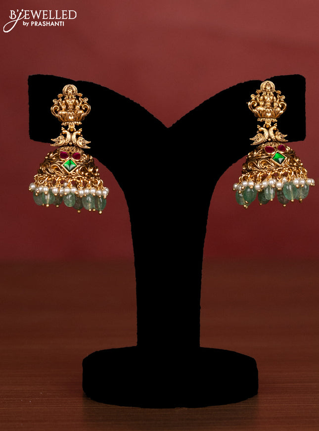 Jadau beaded haaram lakshmi pendant with jadau kemp stones and pearl & green beads hanging