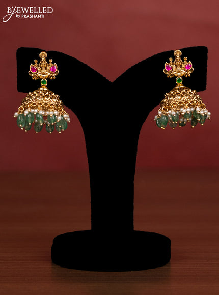 Jadau beaded haaram lakshmi pendant with jadau kemp stones and pearl & green beads hanging