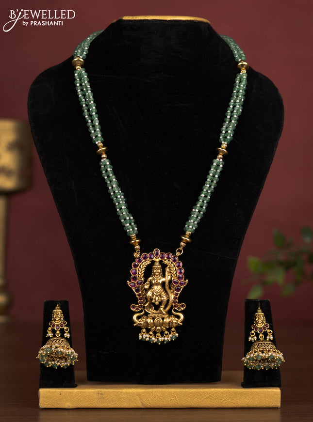 Antique beaded haaram kalinga krishna pendant with pink kemp stones and pearl & green beads hanging