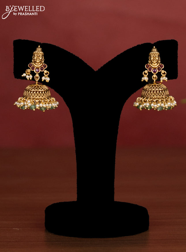 Antique beaded haaram kalinga krishna pendant with pink kemp stones and pearl & green beads hanging